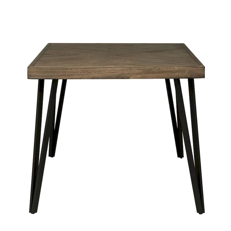 Mesa de comedor rectangular con tablero en patrón de espiga