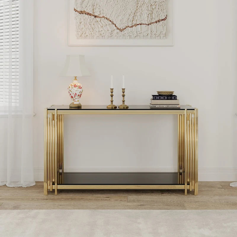 Mesa consola de vidrio de 55 pulgadas con estructura de metal en tono dorado