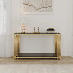 Mesa consola de vidrio de 55 pulgadas con estructura de metal en tono dorado
