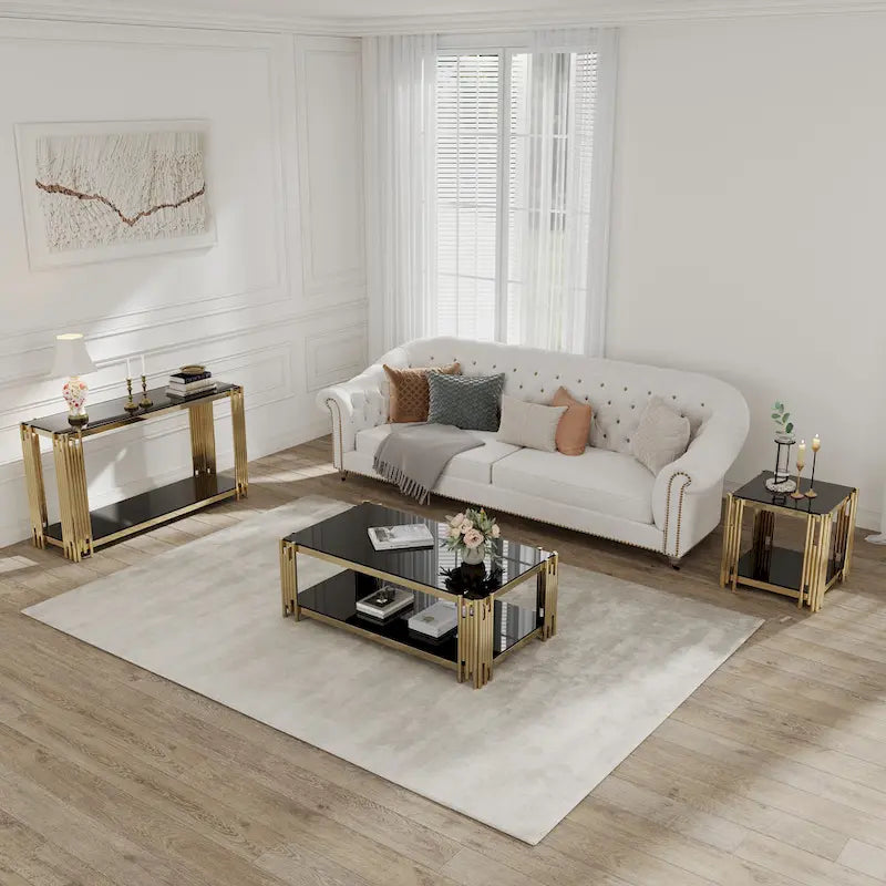 Mesa consola de vidrio de 55 pulgadas con estructura de metal en tono dorado