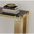 Mesa consola de vidrio de 55 pulgadas con estructura de metal en tono dorado