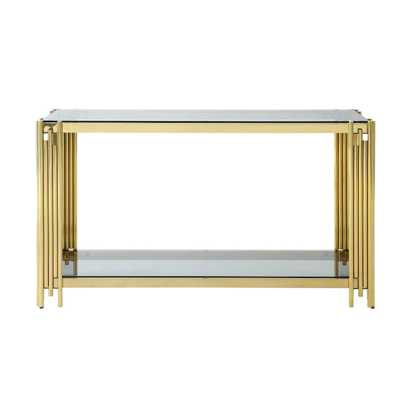 Mesa consola de vidrio de 55 pulgadas con estructura de metal en tono dorado