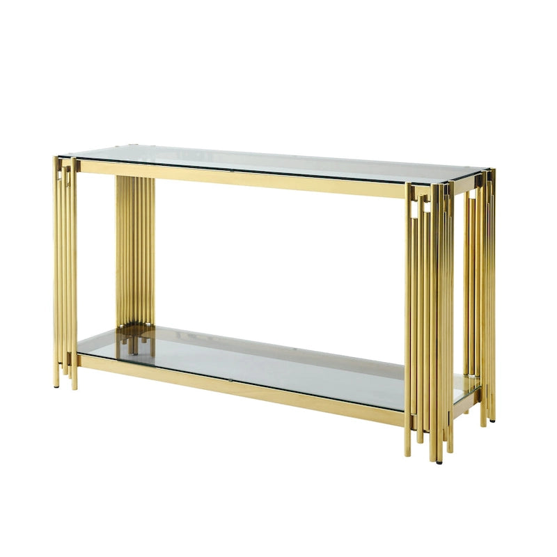 Mesa consola de vidrio de 55 pulgadas con estructura de metal en tono dorado