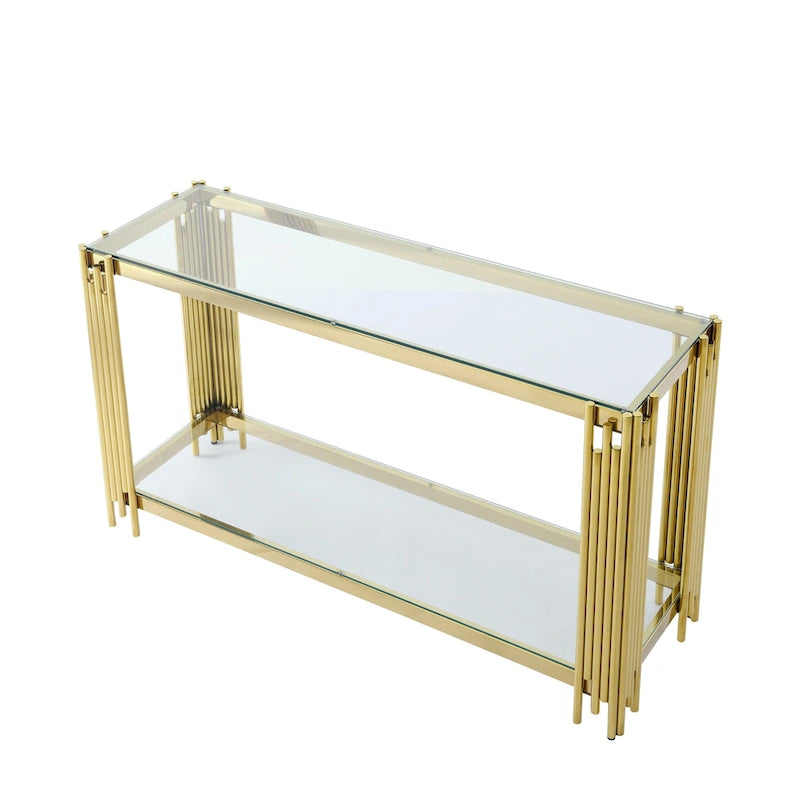Mesa consola de vidrio de 55 pulgadas con estructura de metal en tono dorado