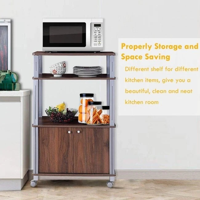 Rolling Microwave Stand with Shelves and Two-Door Cabinet