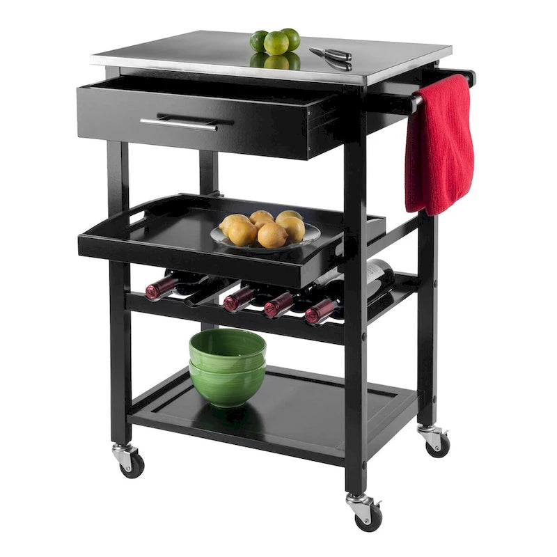Carrello da cucina nero con piano in acciaio inox