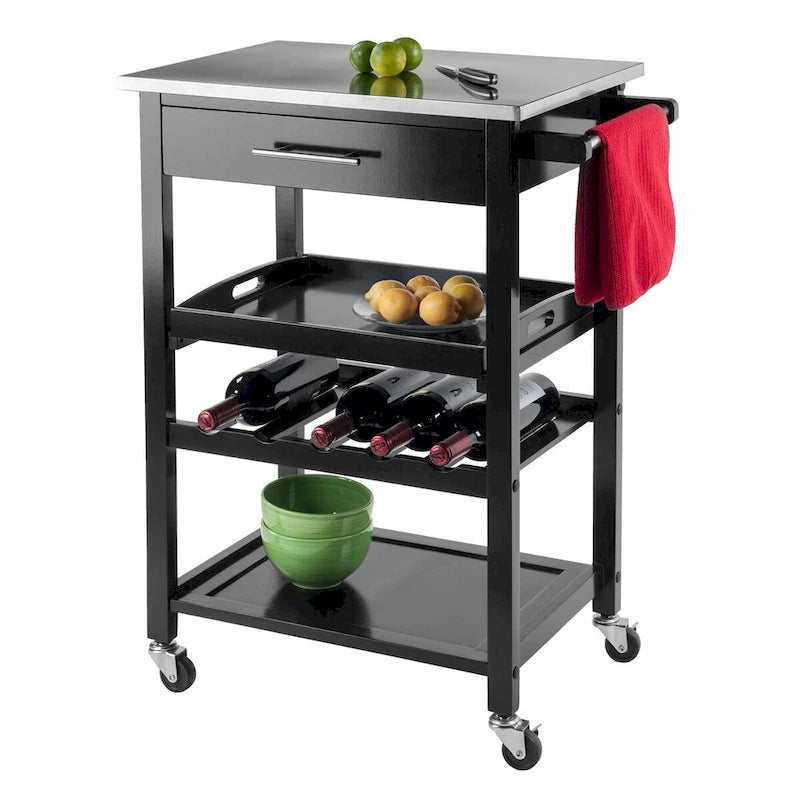 Carrello da cucina nero con piano in acciaio inox