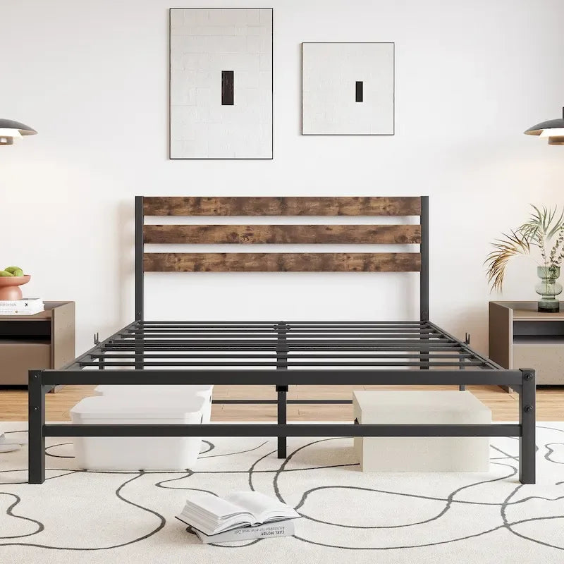 Estructura de cama tipo plataforma con cabecero de MDF y listones metálicos