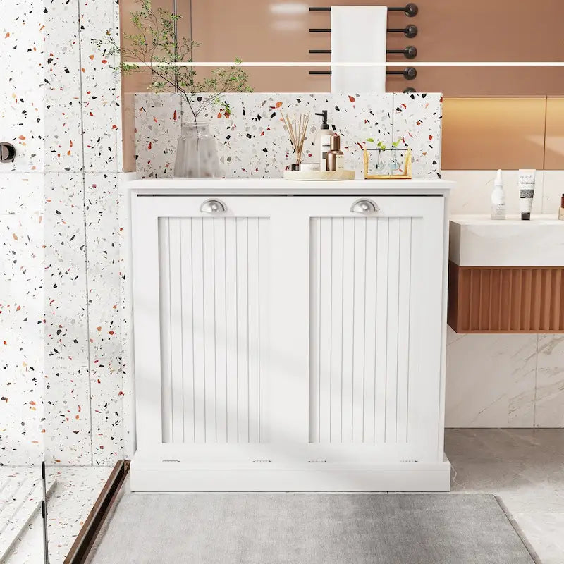 Meuble blanc de tri du linge à abattants avec deux compartiments