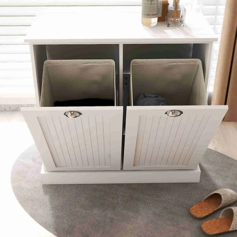 Meuble blanc de tri du linge à abattants avec deux compartiments