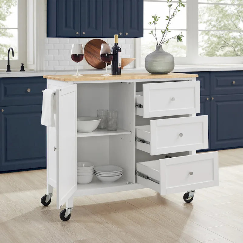 Kücheninsel mit Holzplatte, Schrank und drei Schubladen