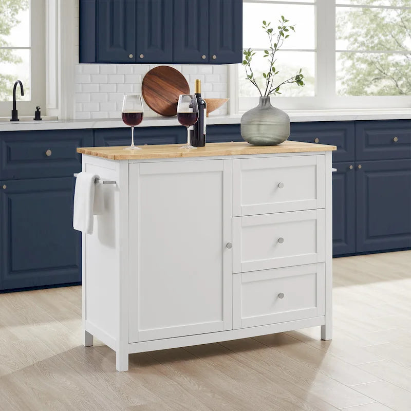 Isla de cocina de madera con gabinete y tres cajones
