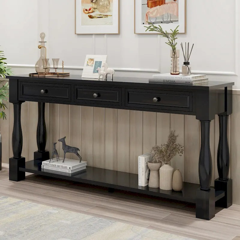 Mesa consola con tres cajones y estante inferior