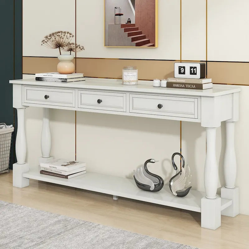 Mesa consola con tres cajones y estante inferior