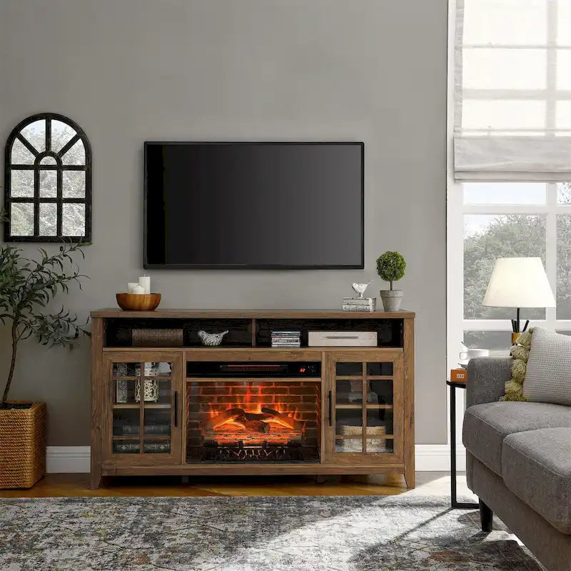 Mueble para TV de 55 pulgadas con chimenea eléctrica y gabinetes de almacenamiento