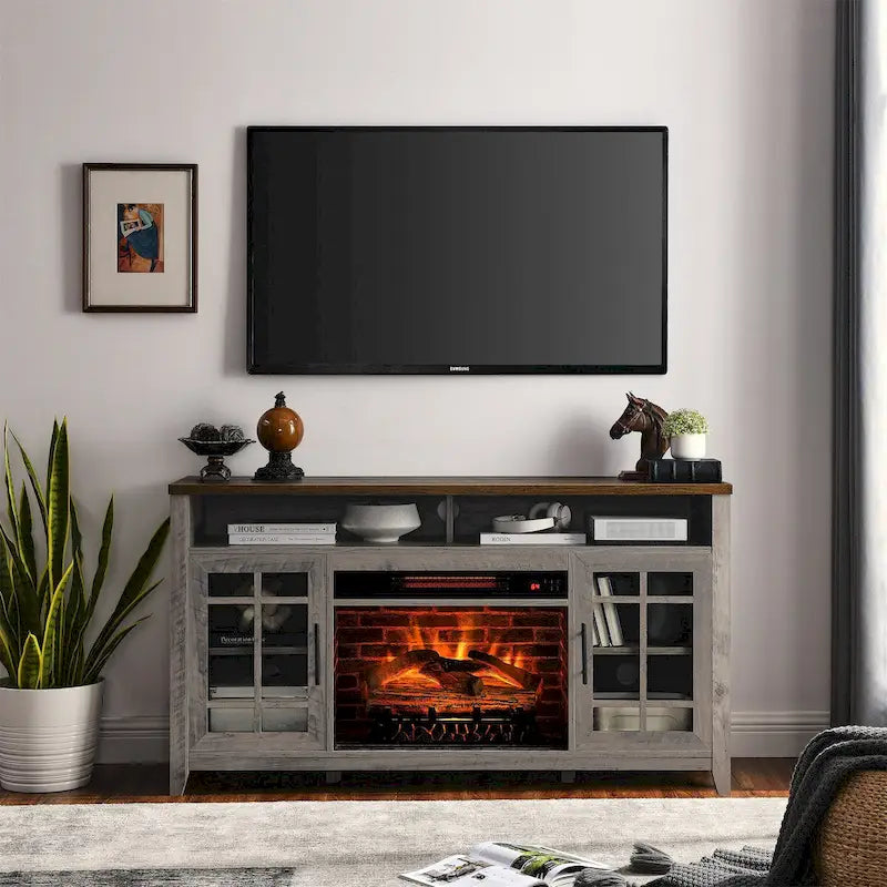 Mueble para TV de 55 pulgadas con chimenea eléctrica y gabinetes de almacenamiento