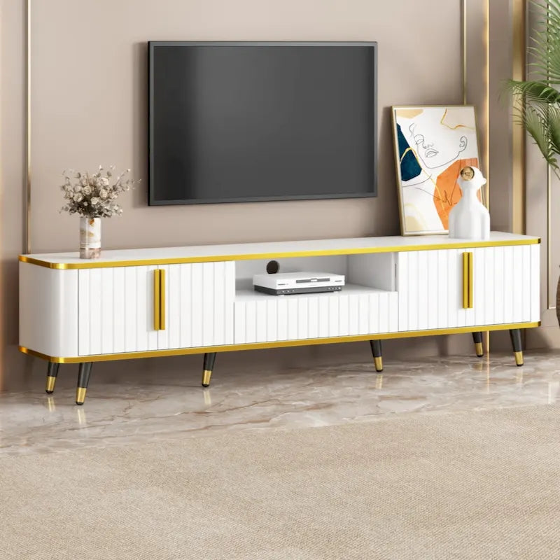 Mueble para TV con gabinetes, cajón y estante abierto de almacenamiento