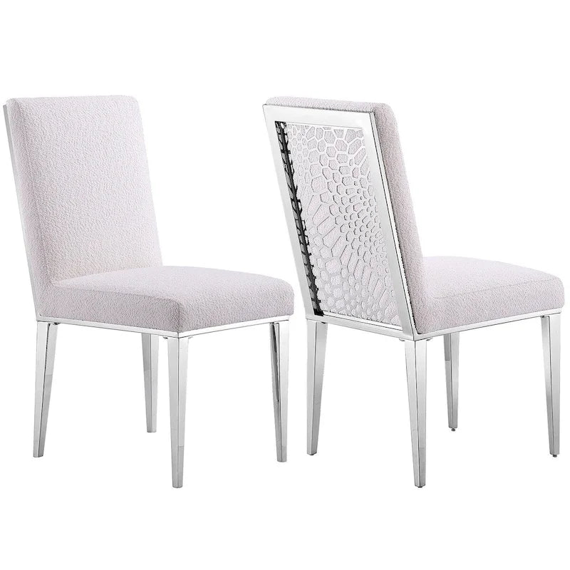 Weiße gepolsterte Esszimmerstühle mit silberfarbenen Metallbeinen, Set aus 2
