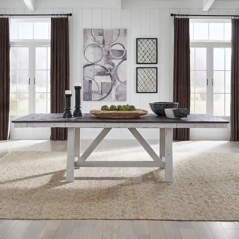 Mesa de comedor de caballete en blanco y madera de dos tonos