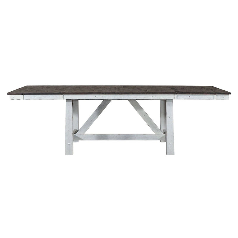 Mesa de comedor de caballete en blanco y madera de dos tonos