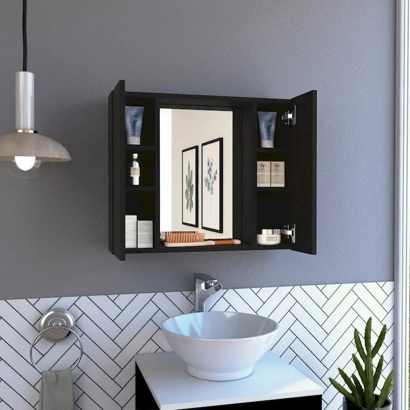 Black Double-Door Bathroom Cabinet with Mirror and External Shelf