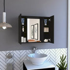 Black Double-Door Bathroom Cabinet with Mirror and External Shelf