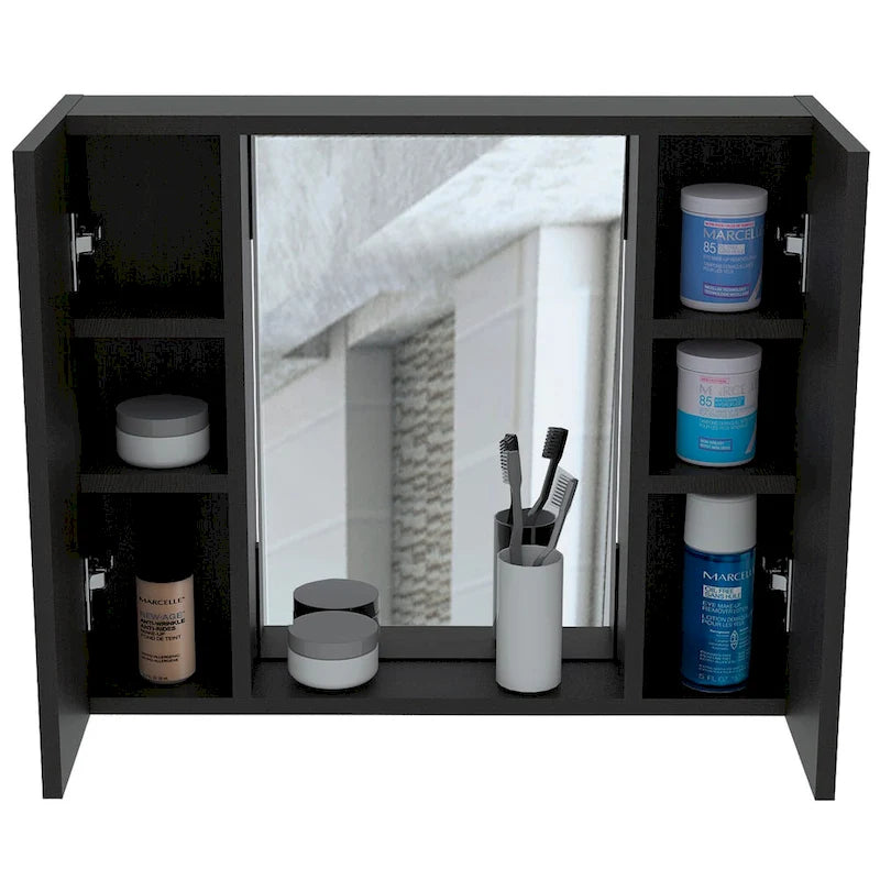 Gabinete de baño negro de dos puertas con espejo y estante externo