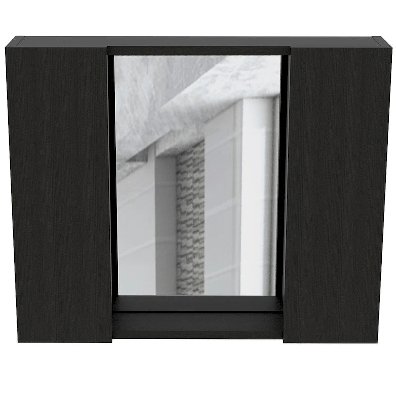 Gabinete de baño negro de dos puertas con espejo y estante externo