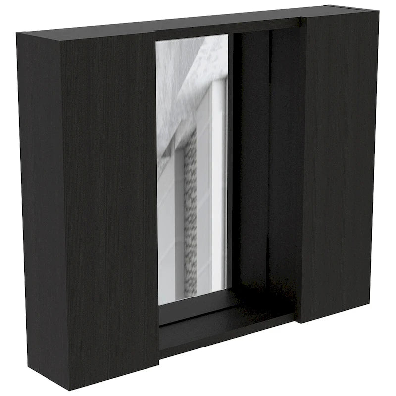 Gabinete de baño negro de dos puertas con espejo y estante externo