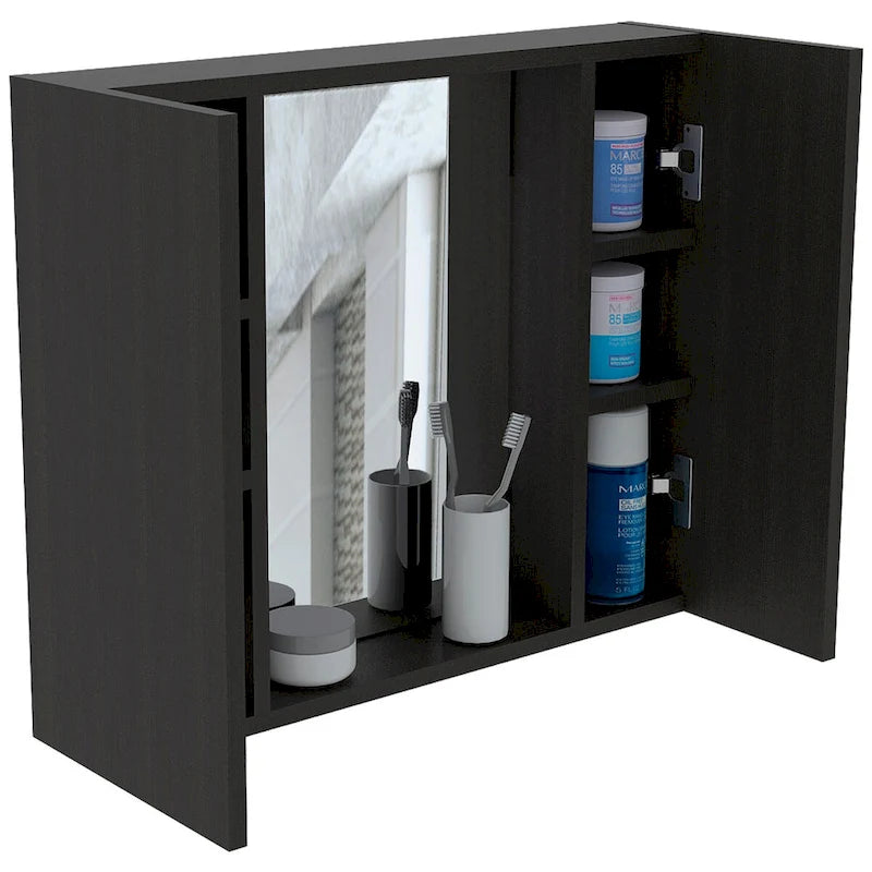 Black Double-Door Bathroom Cabinet with Mirror and External Shelf