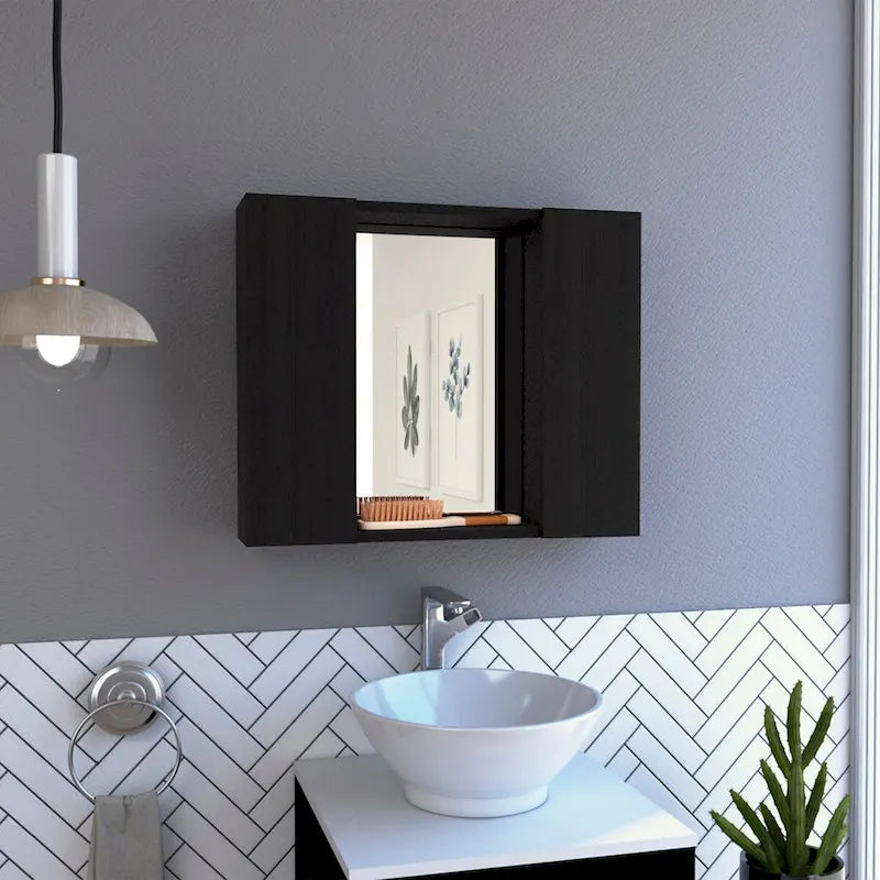 Black Double-Door Bathroom Cabinet with Mirror and External Shelf