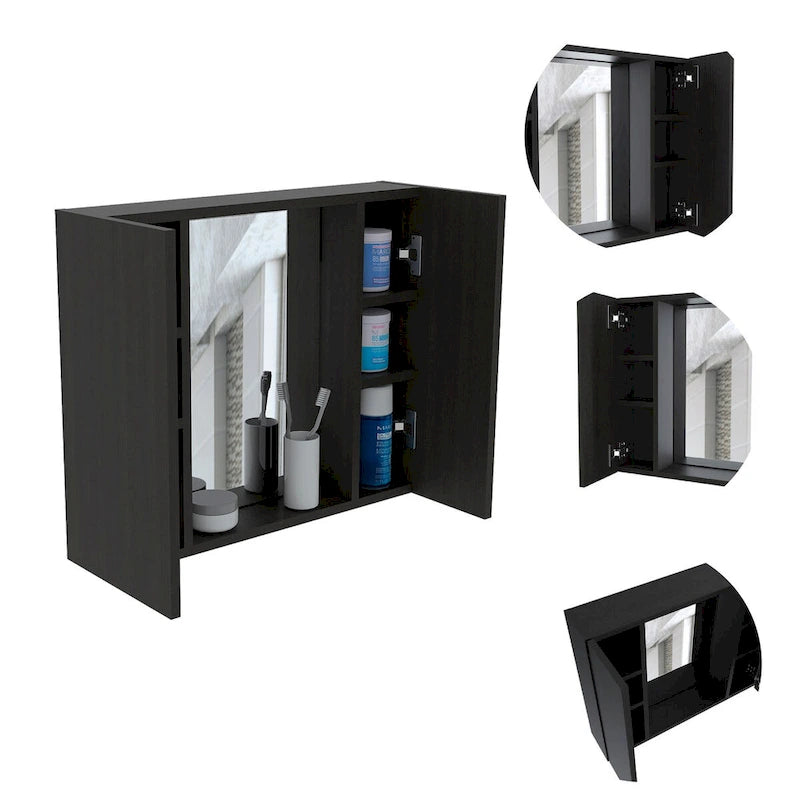Black Double-Door Bathroom Cabinet with Mirror and External Shelf