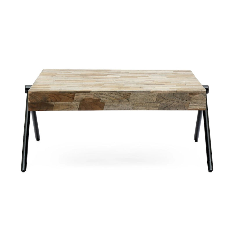 Tavolino da caffè in legno di mango, design industriale moderno, con piano in legno e gambe in metallo