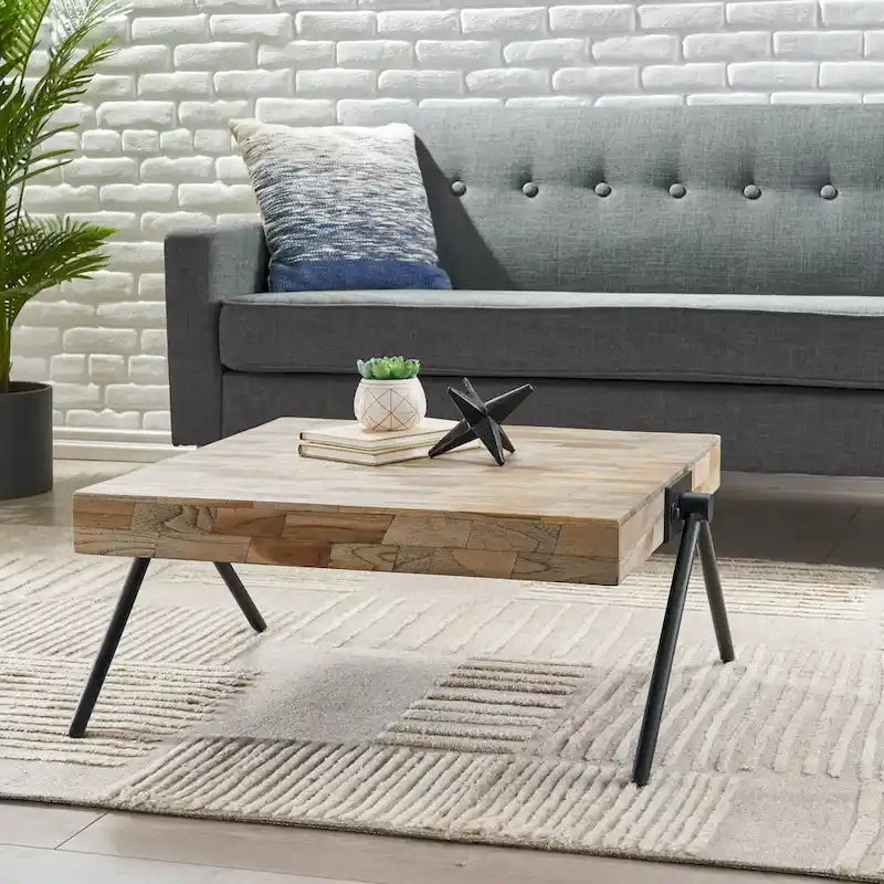 Tavolino da caffè in legno di mango, design industriale moderno, con piano in legno e gambe in metallo