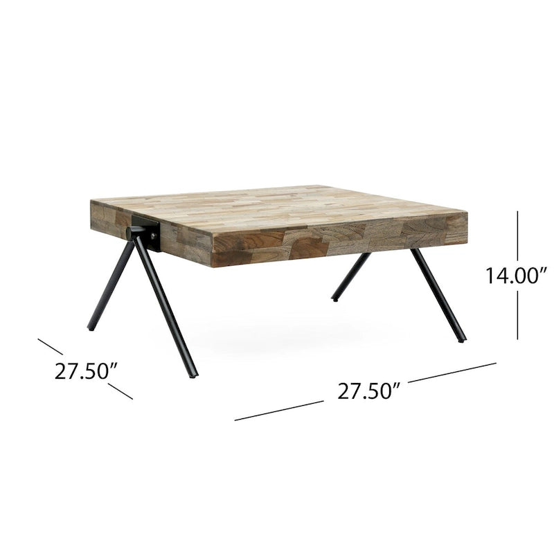 Tavolino da caffè in legno di mango, design industriale moderno, con piano in legno e gambe in metallo