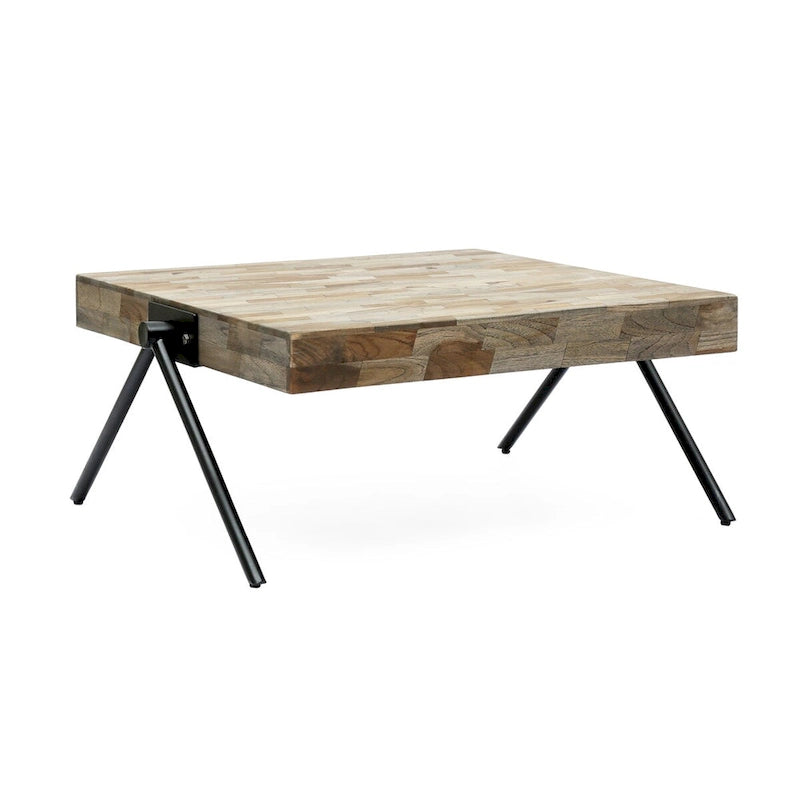 Tavolino da caffè in legno di mango, design industriale moderno, con piano in legno e gambe in metallo