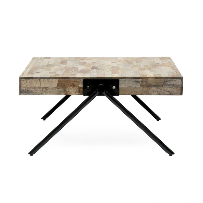 Tavolino da caffè in legno di mango, design industriale moderno, con piano in legno e gambe in metallo