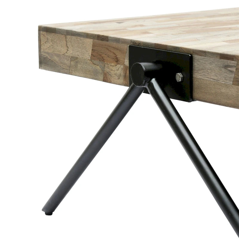 Tavolino da caffè in legno di mango, design industriale moderno, con piano in legno e gambe in metallo