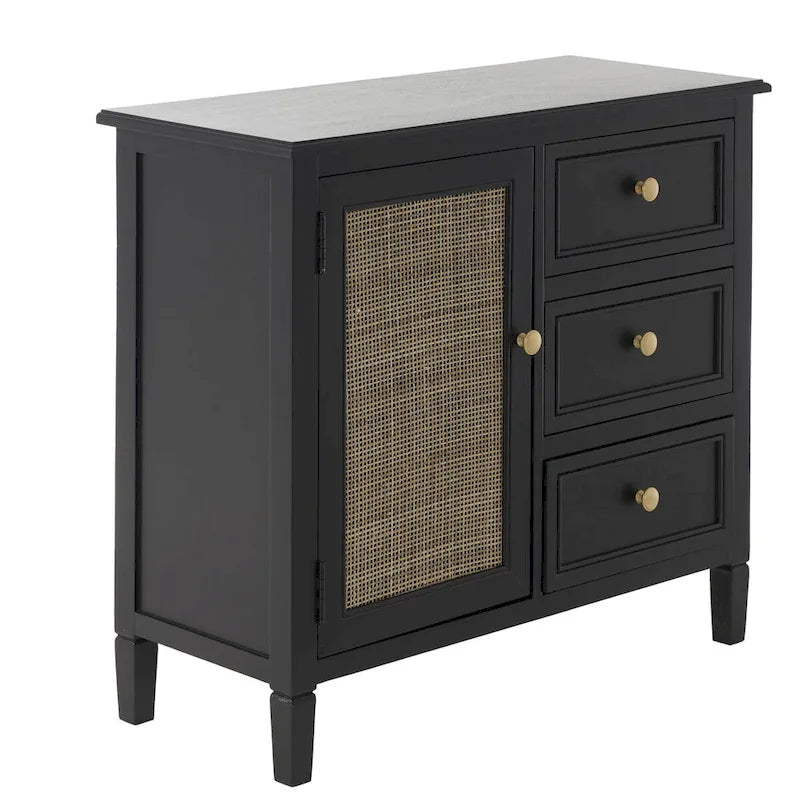 Gabinete negro de almacenamiento con 3 cajones y puerta frontal de ratán