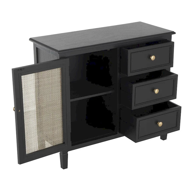 Gabinete negro de almacenamiento con 3 cajones y puerta frontal de ratán