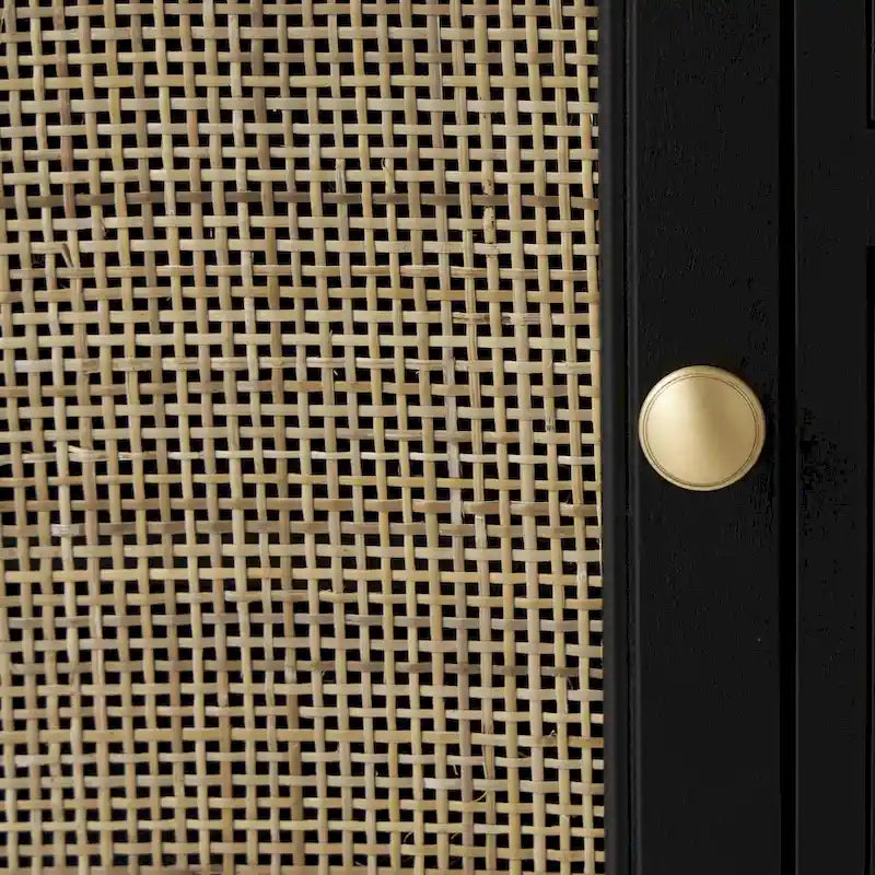 Schwarzer Aufbewahrungsschrank mit 3 Schubladen und Tür mit Rattanfront